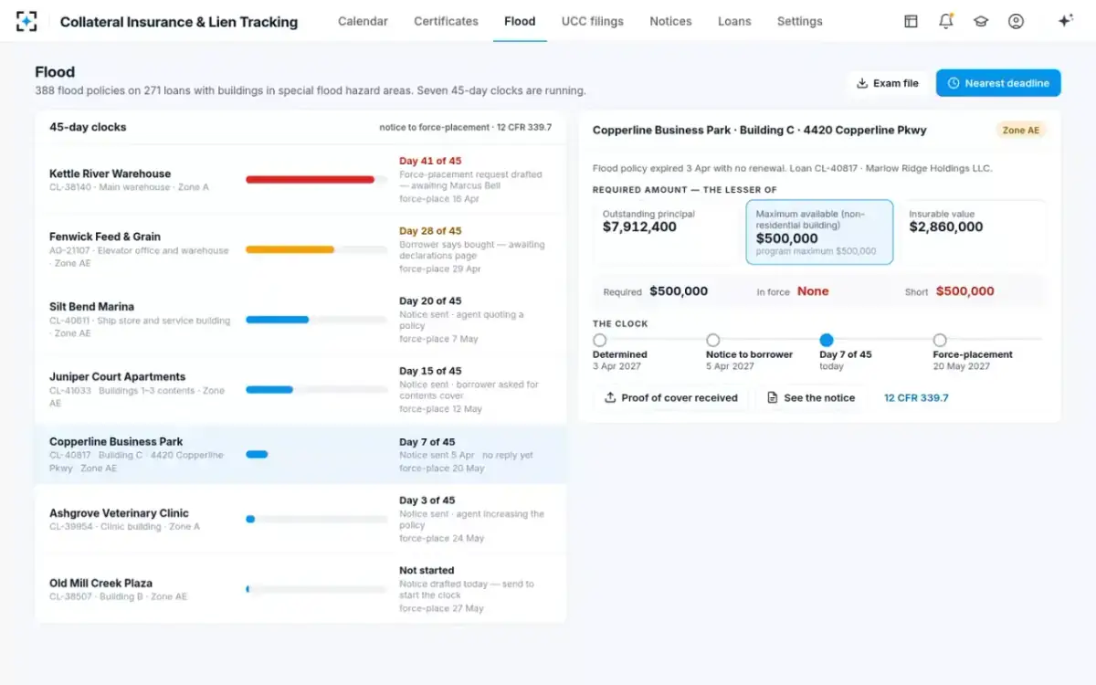 Collateral Insurance & Lien Tracking — Flood clocks