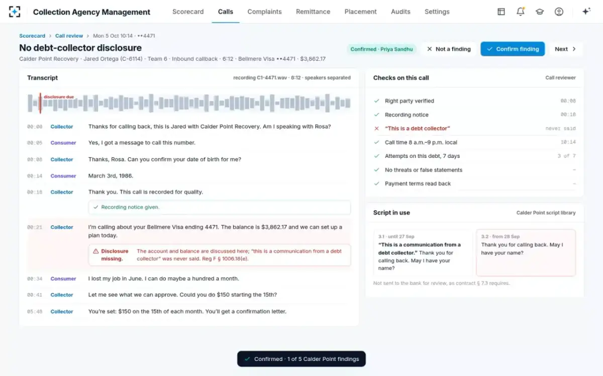 Collection Agency Management — A finding, confirmed