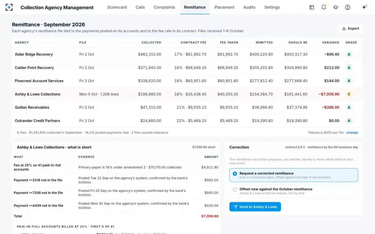 Collection Agency Management — Remittance reconciliation