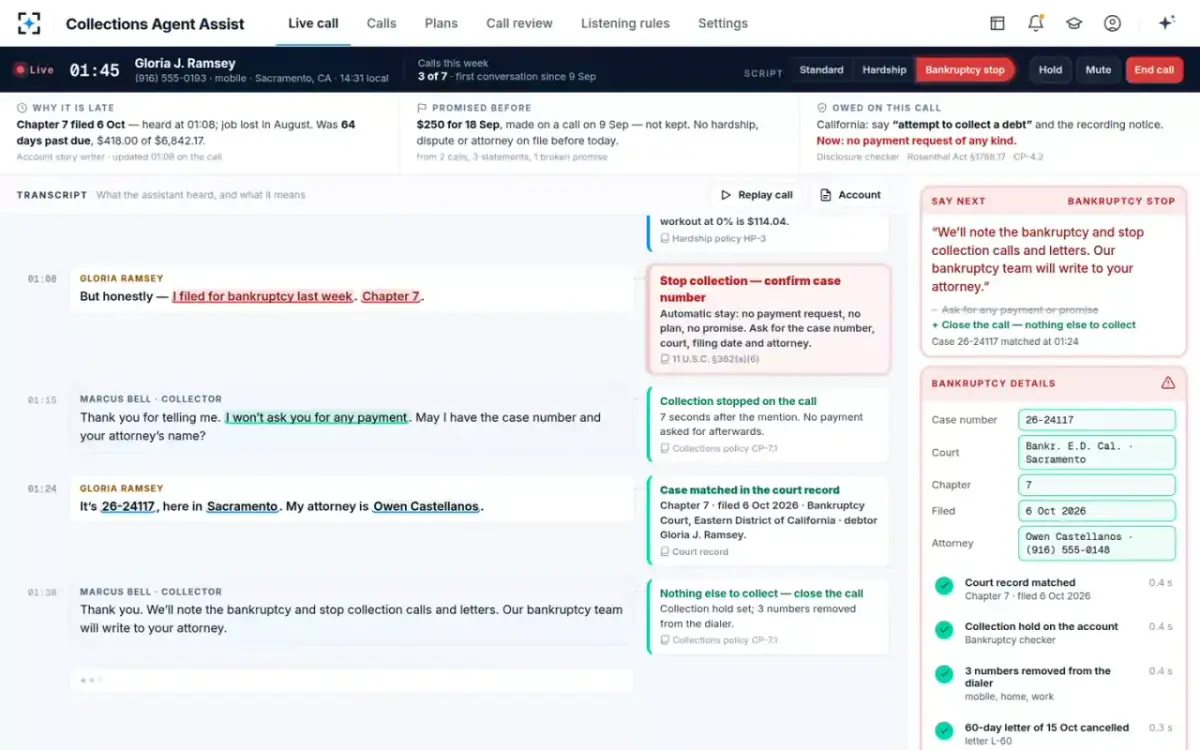 Collections Agent Assist — Matched to the court record