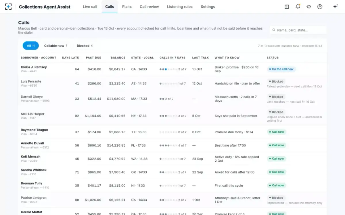 Collections Agent Assist — The call list