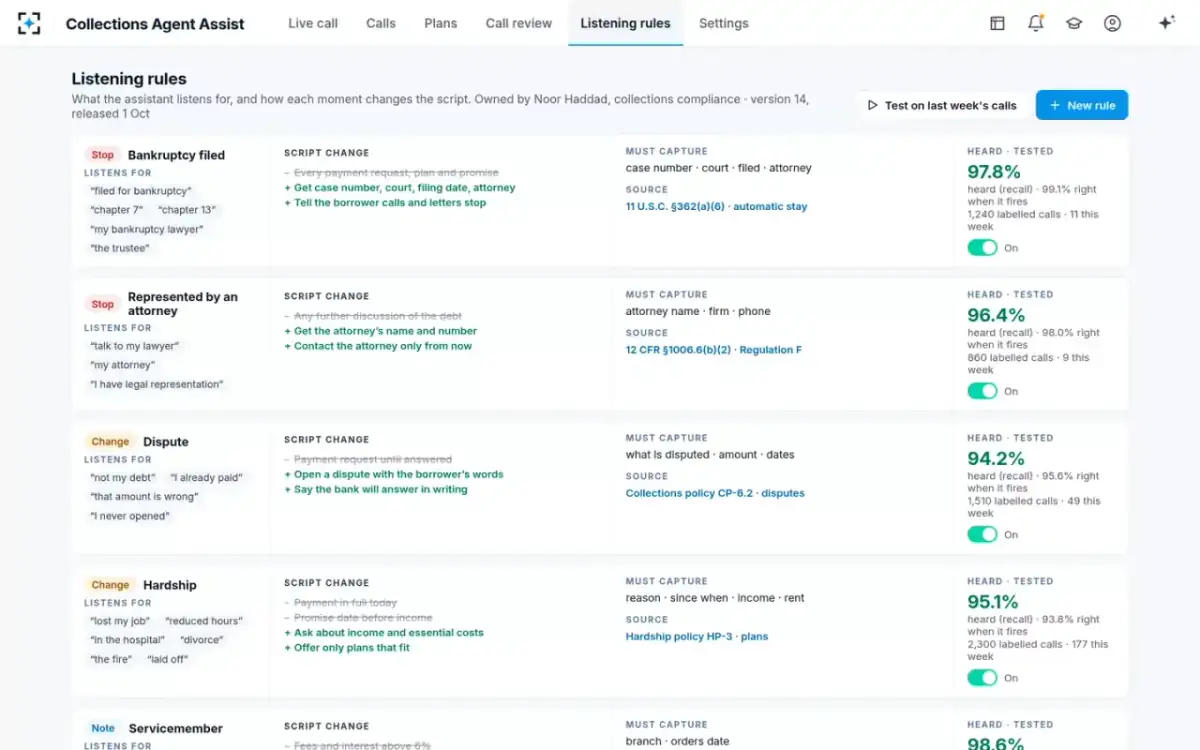 Collections Agent Assist — Listening rules
