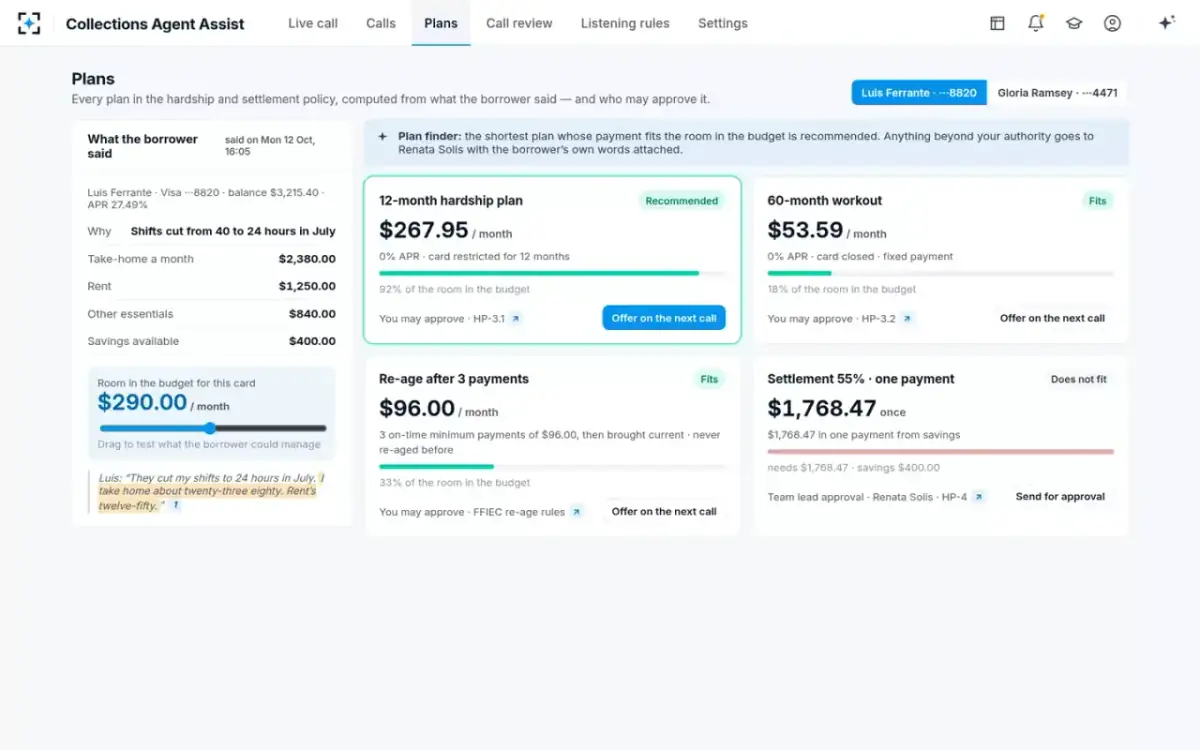 Collections Agent Assist — Plan finder