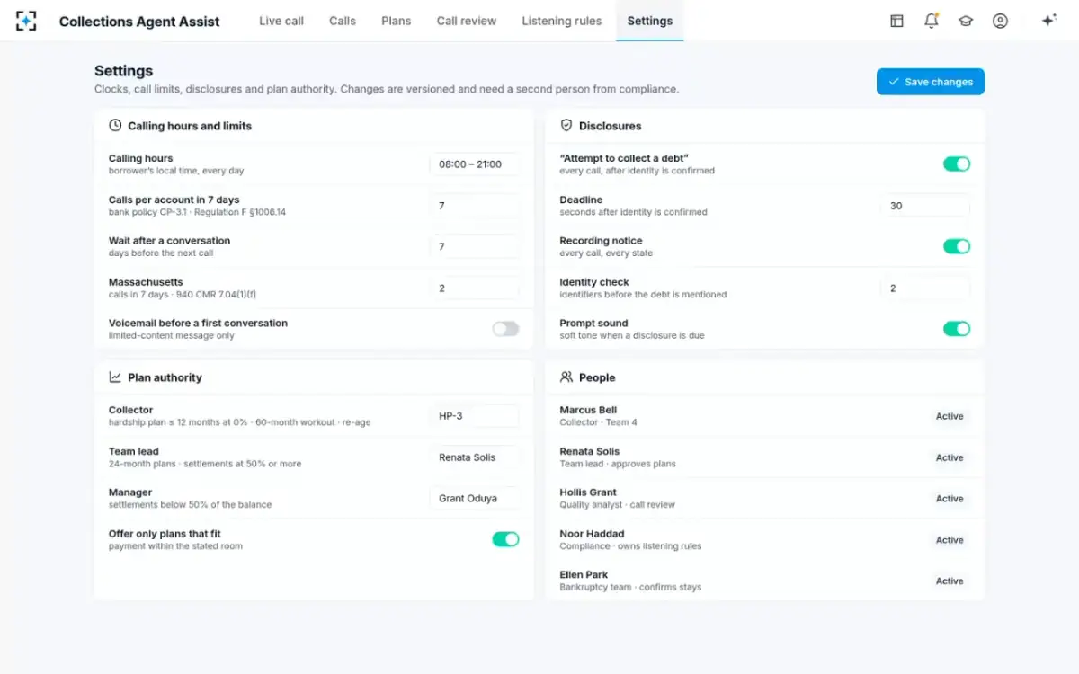 Collections Agent Assist — Settings