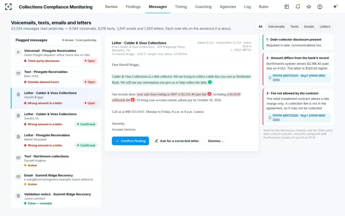 Collections Compliance Monitoring — A letter checked against the record
