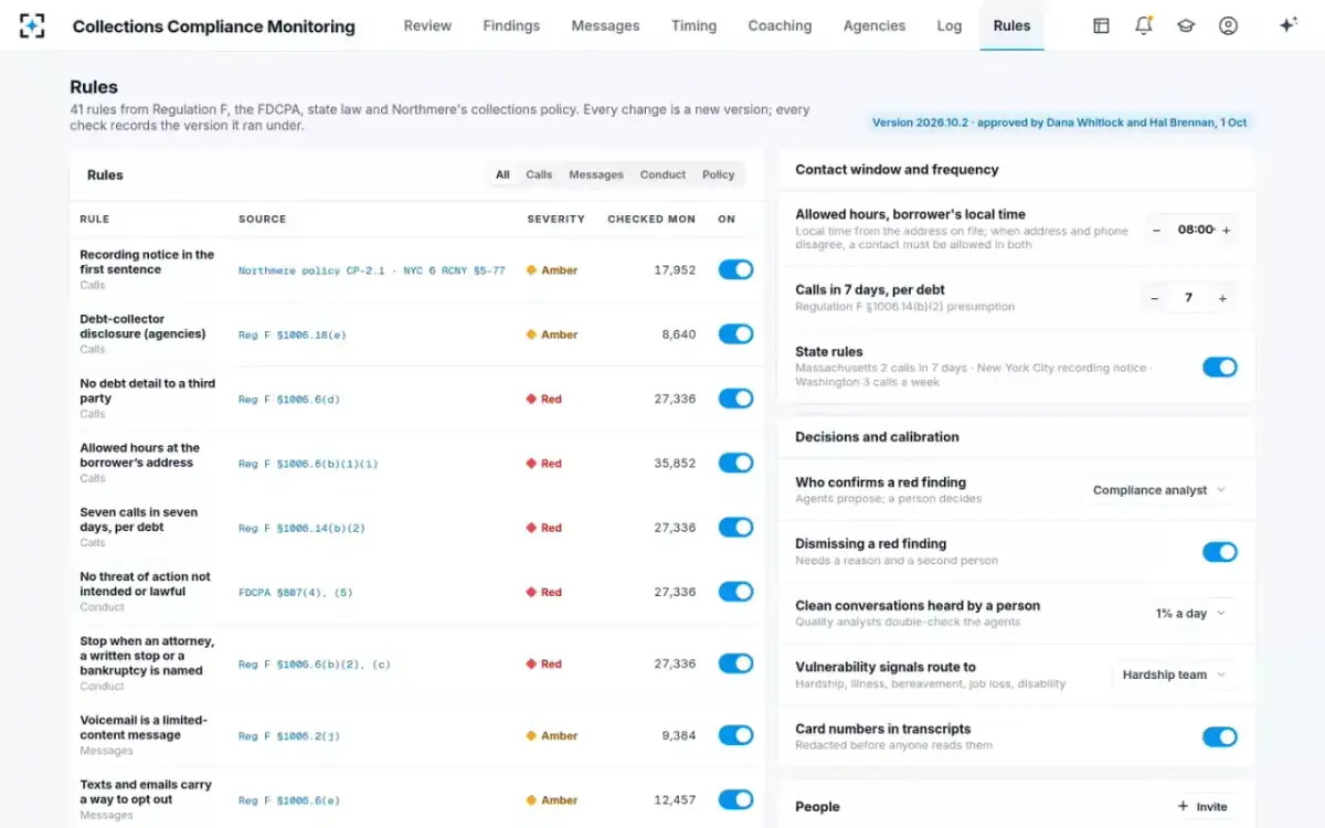 Collections Compliance Monitoring — Rules and settings
