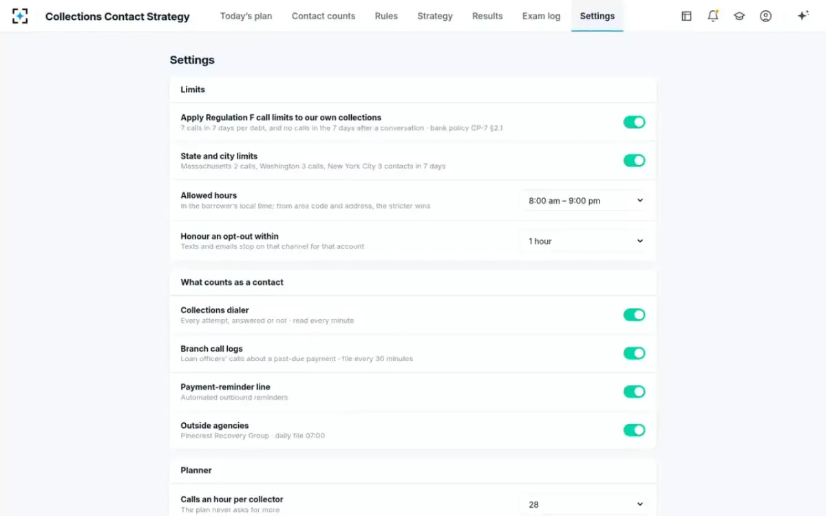 Collections Contact Strategy — Your contact rules, as settings