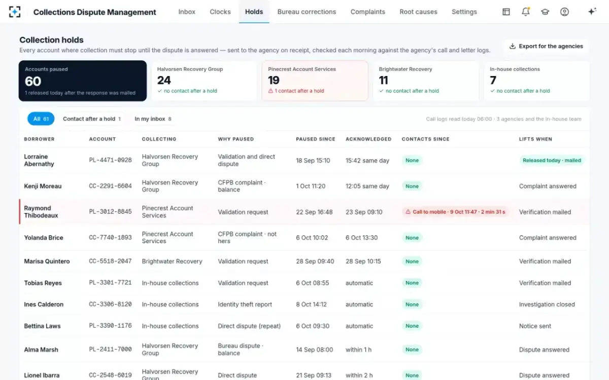 Collections Dispute Management — Collection holds