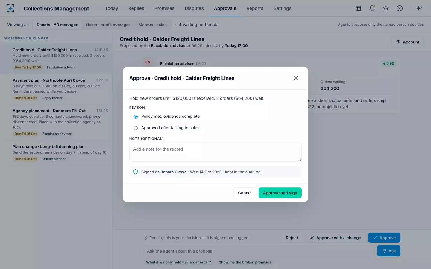 Collections Management — Approve and sign