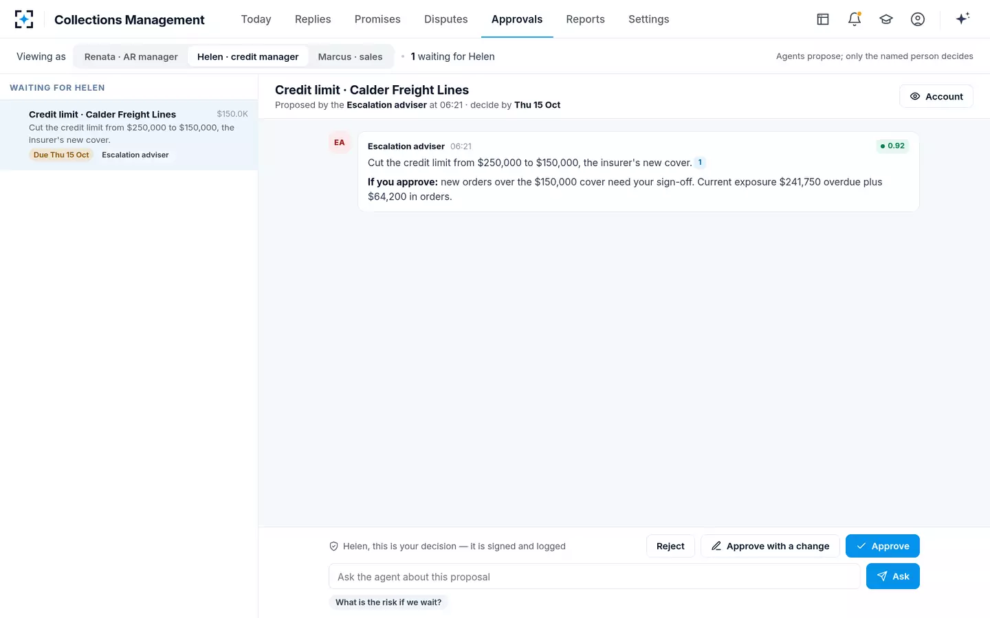 Collections Management — A credit limit change