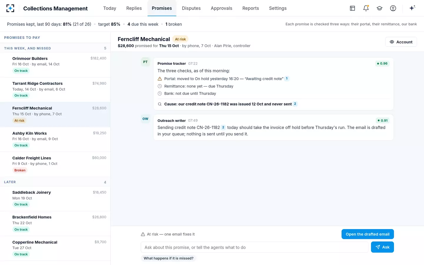 Collections Management — Promises to pay