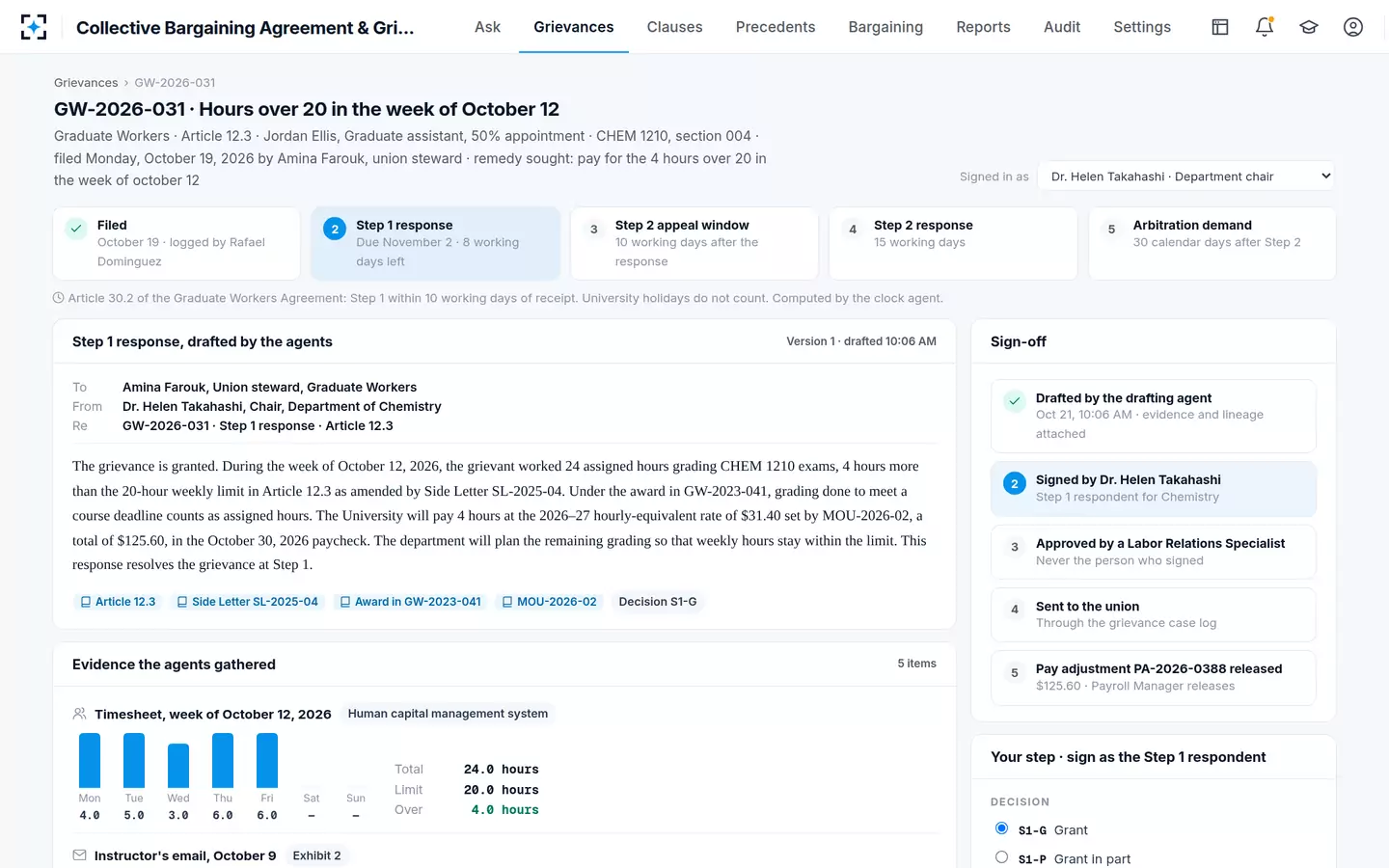 Collective Bargaining Agreement & Grievance Search — The Step 1 grievance response, drafted on the contract clock