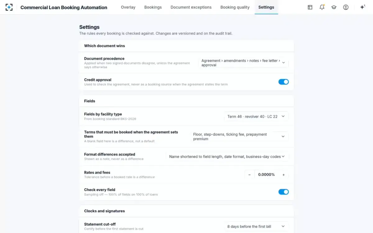 Commercial Loan Booking Automation — Your booking rules