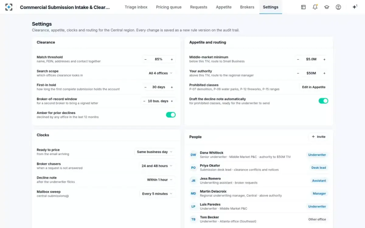 Commercial Submission Intake & Clearance — Your rules