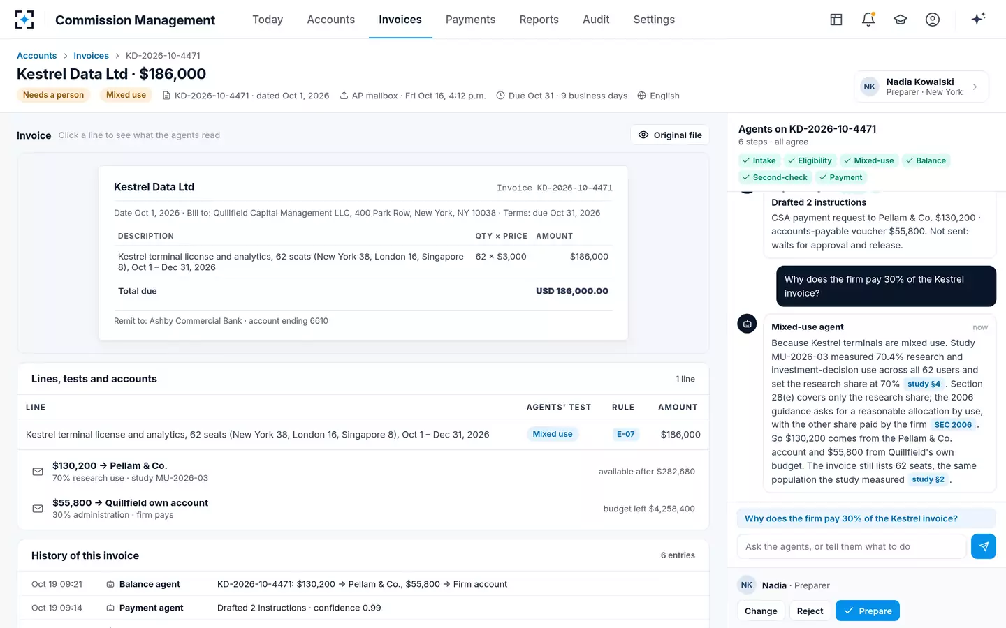 Commission Management — One research invoice