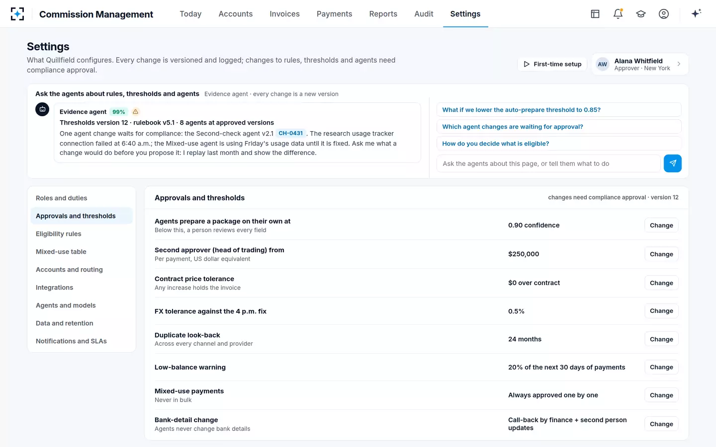 Commission Management — Approvals and thresholds