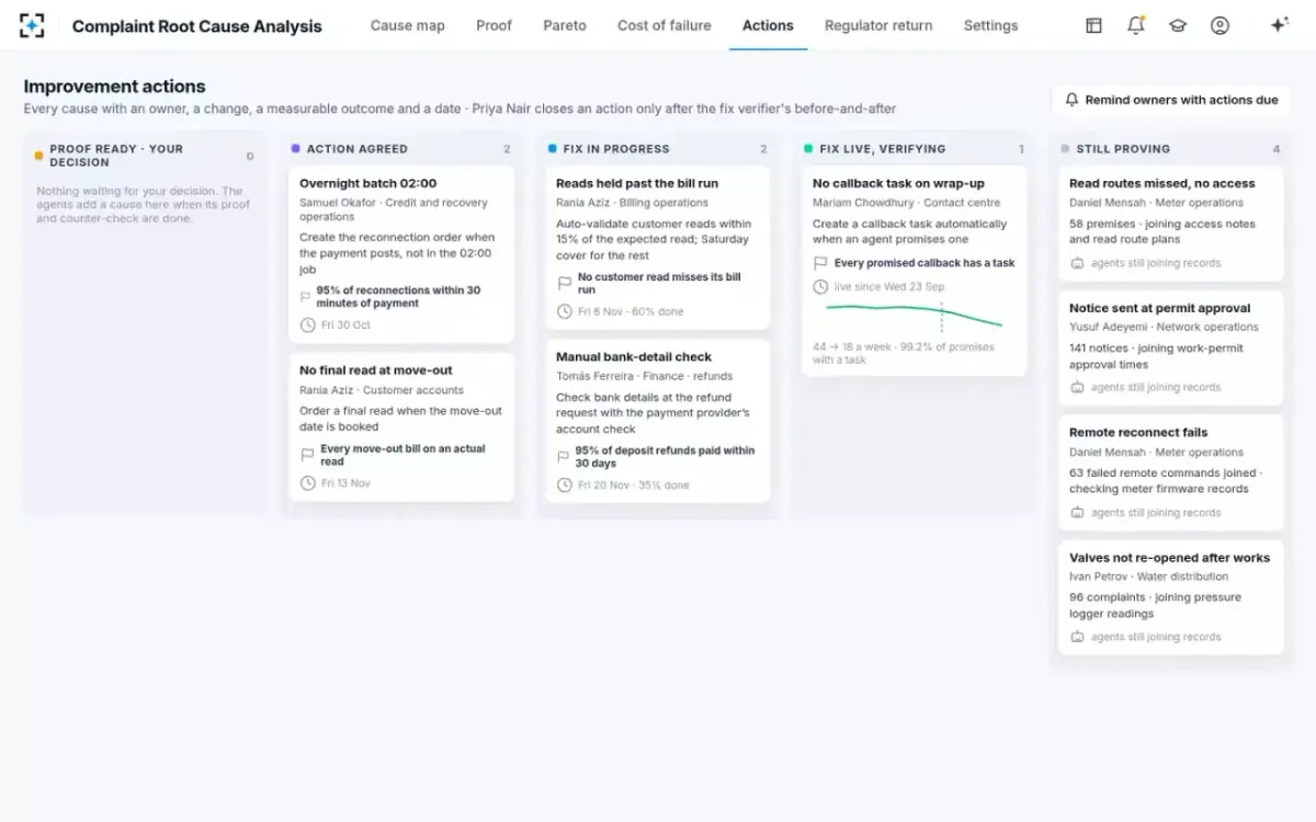Complaint Root Cause Analysis — Improvement actions