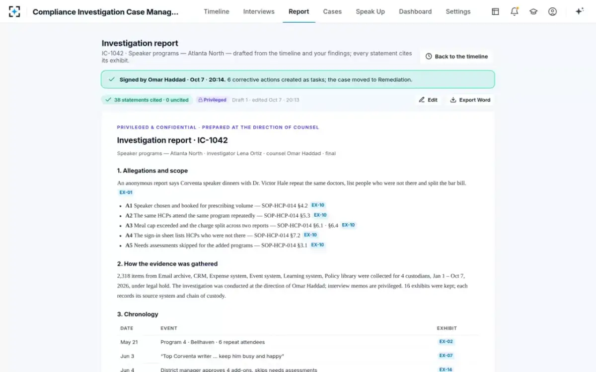 Compliance Investigation Case Management — Signed by counsel
