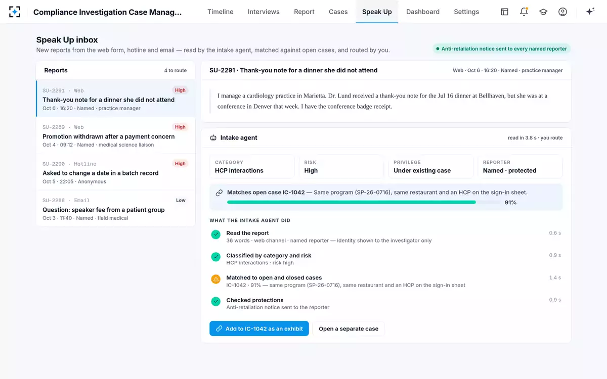 Compliance Investigation Case Management — Speak Up inbox