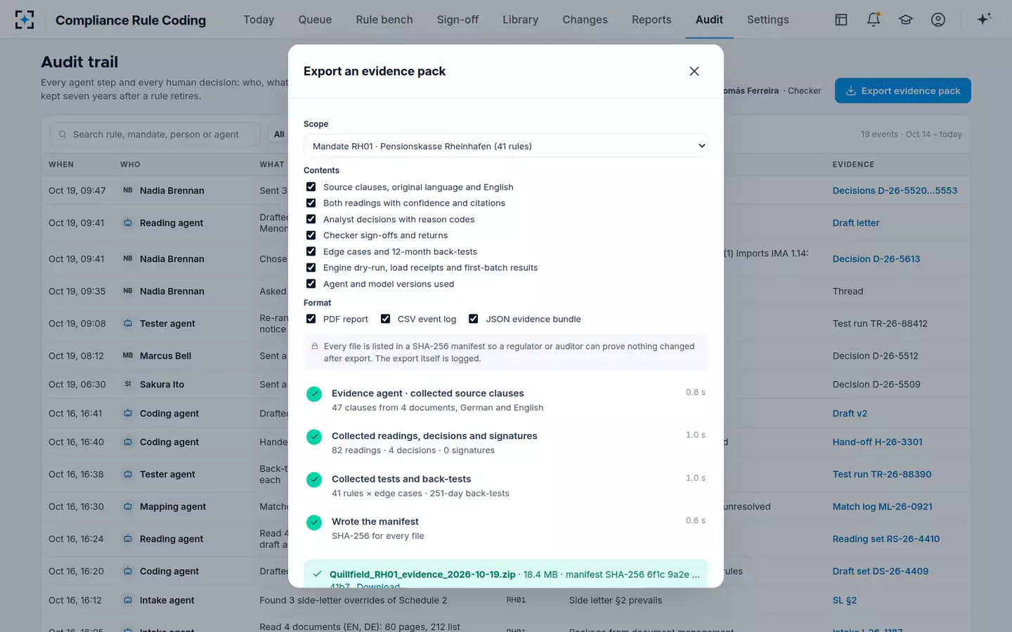 Compliance Rule Coding — Audit trail and evidence pack