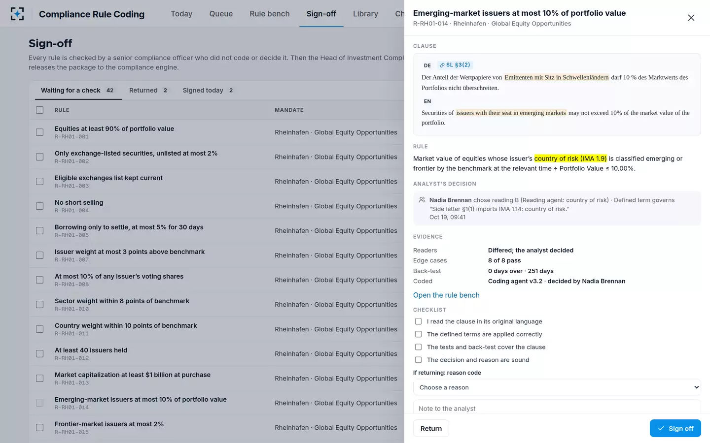 Compliance Rule Coding — Maker-checker sign-off