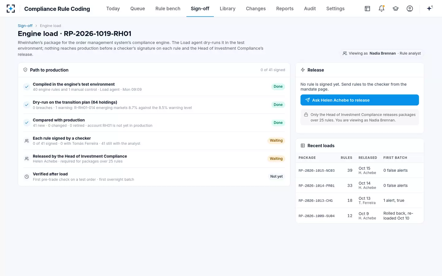 Compliance Rule Coding — Compliance engine load