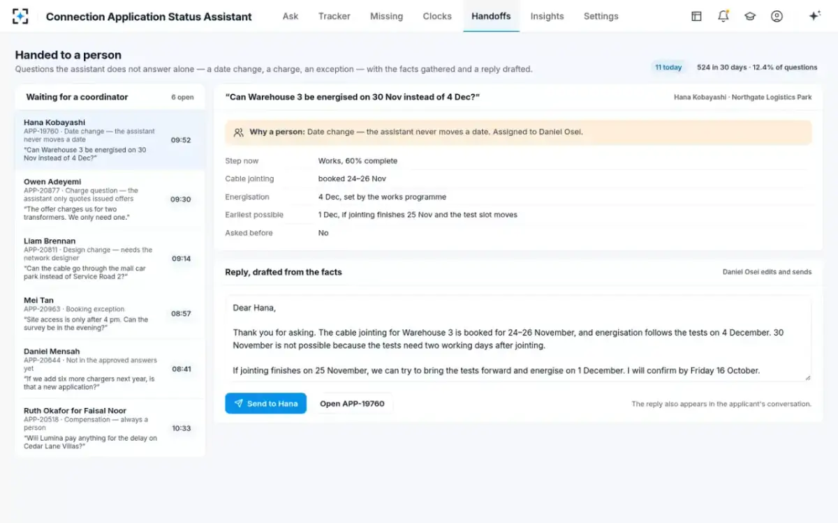 Connection Application Status Assistant — Handed to a person