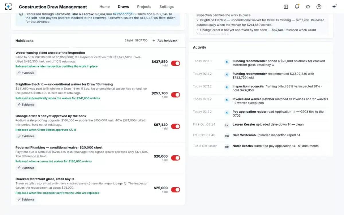 Construction Draw Management — Holdbacks and activity