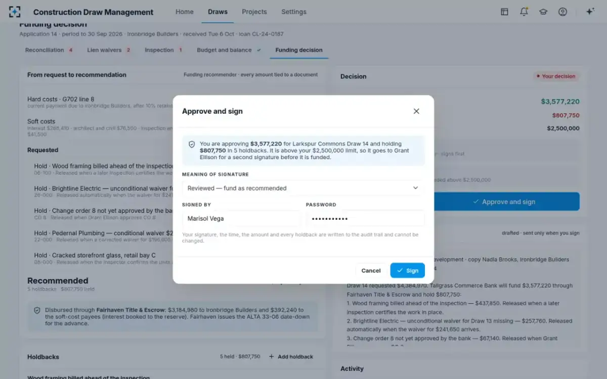 Construction Draw Management — Approve and sign
