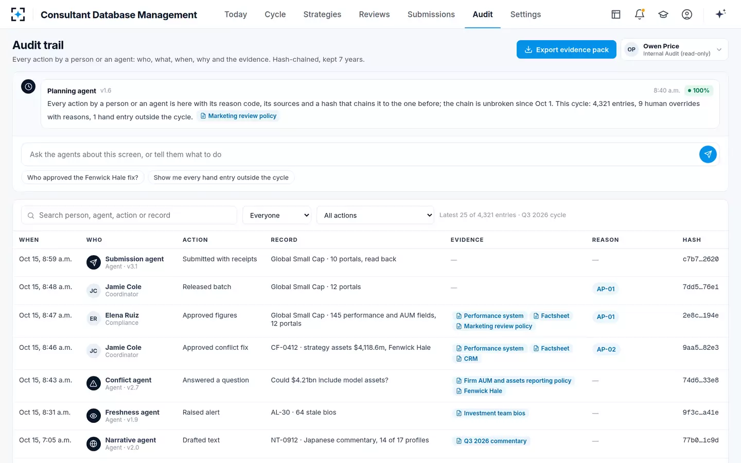Consultant Database Management — Audit trail and evidence pack