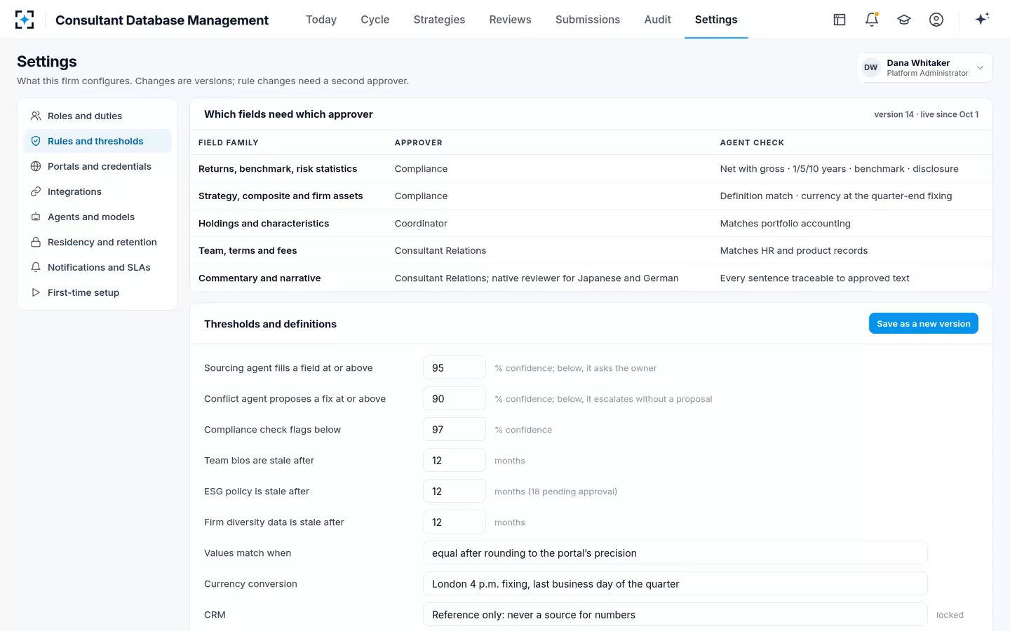 Consultant Database Management — Rules and thresholds