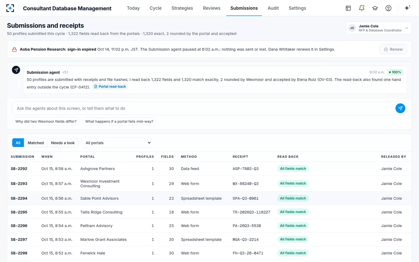 Consultant Database Management — Submissions, receipts and read-backs