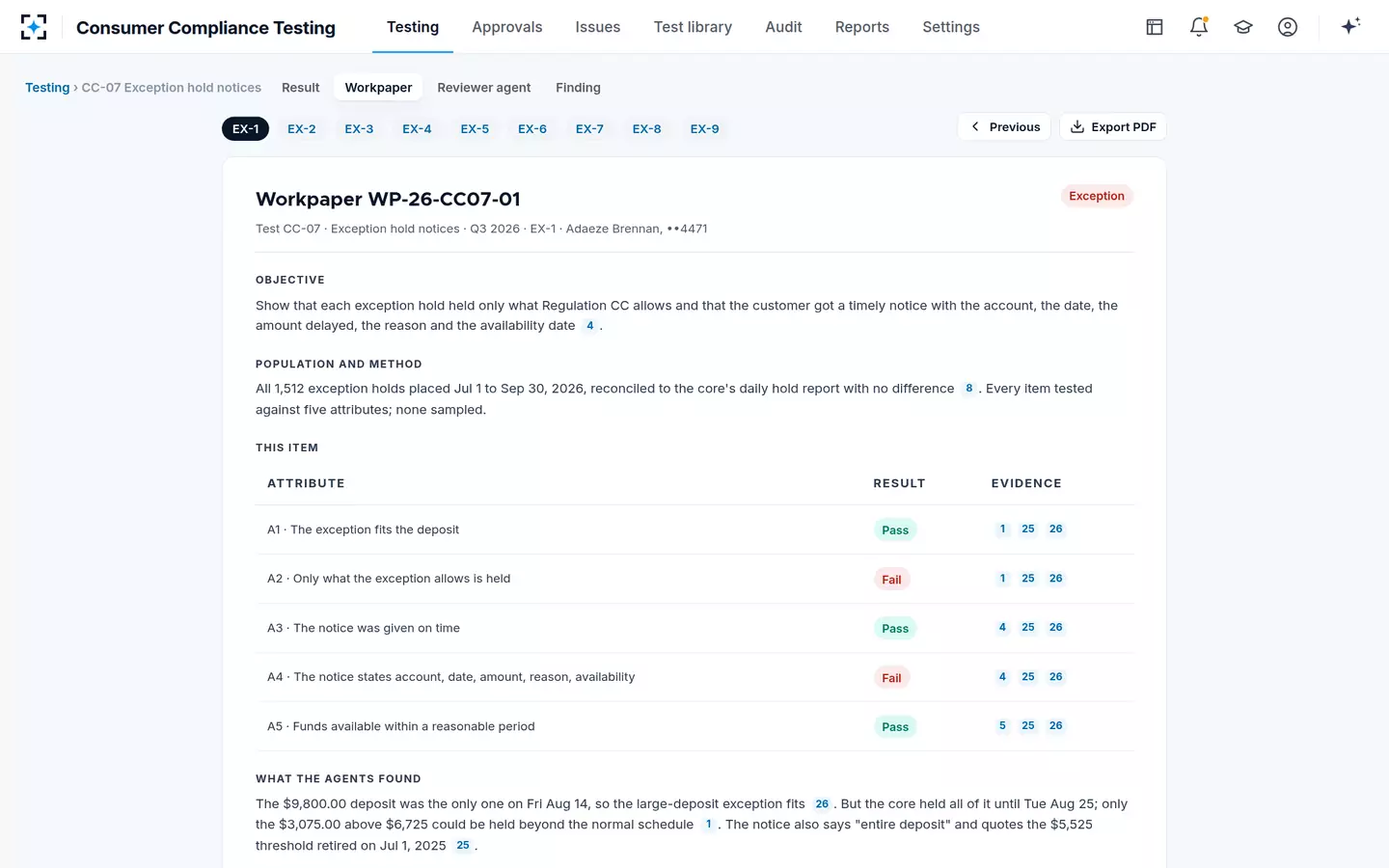 Consumer Compliance Testing — A workpaper for every exception