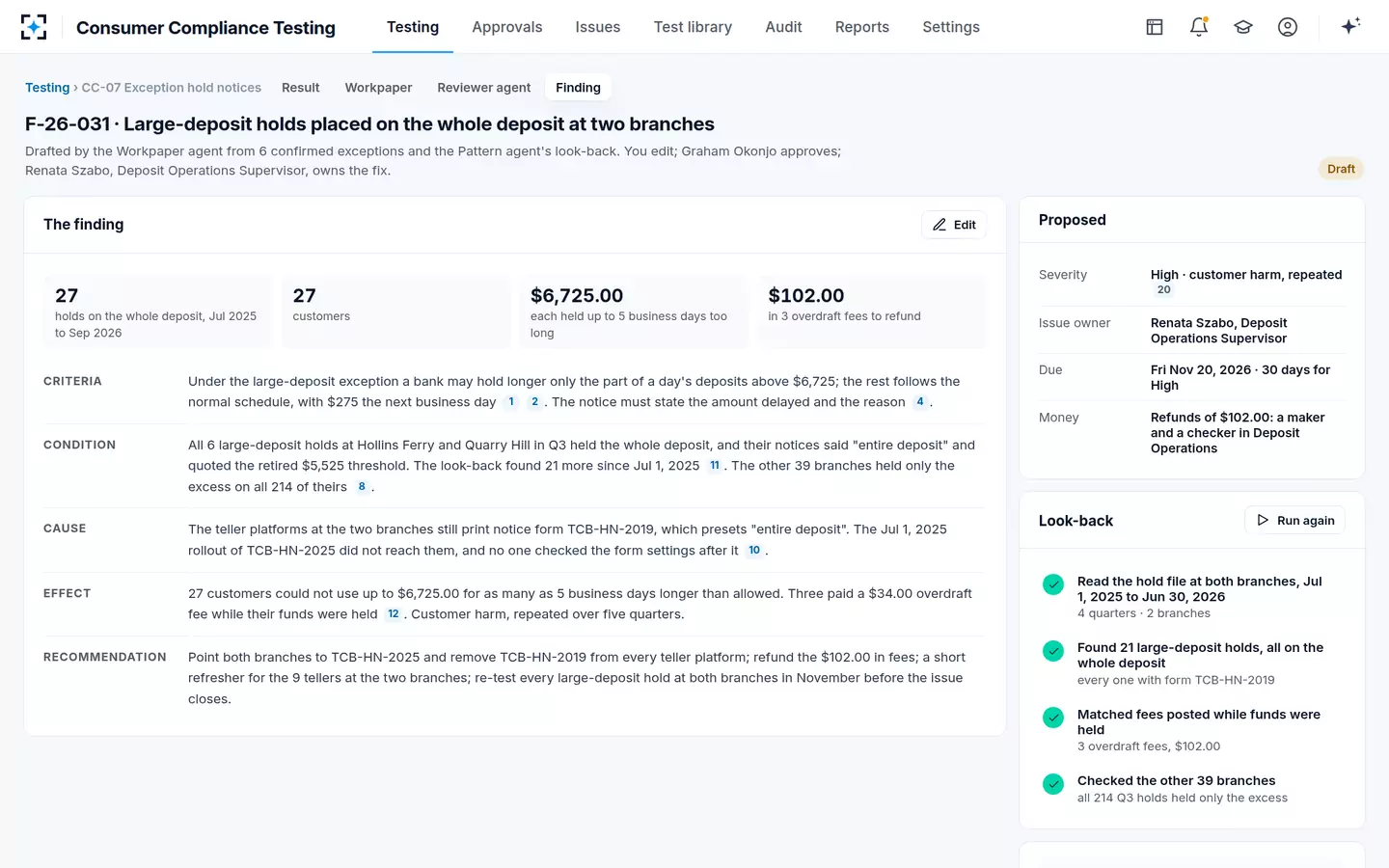 Consumer Compliance Testing — The finding and its look-back