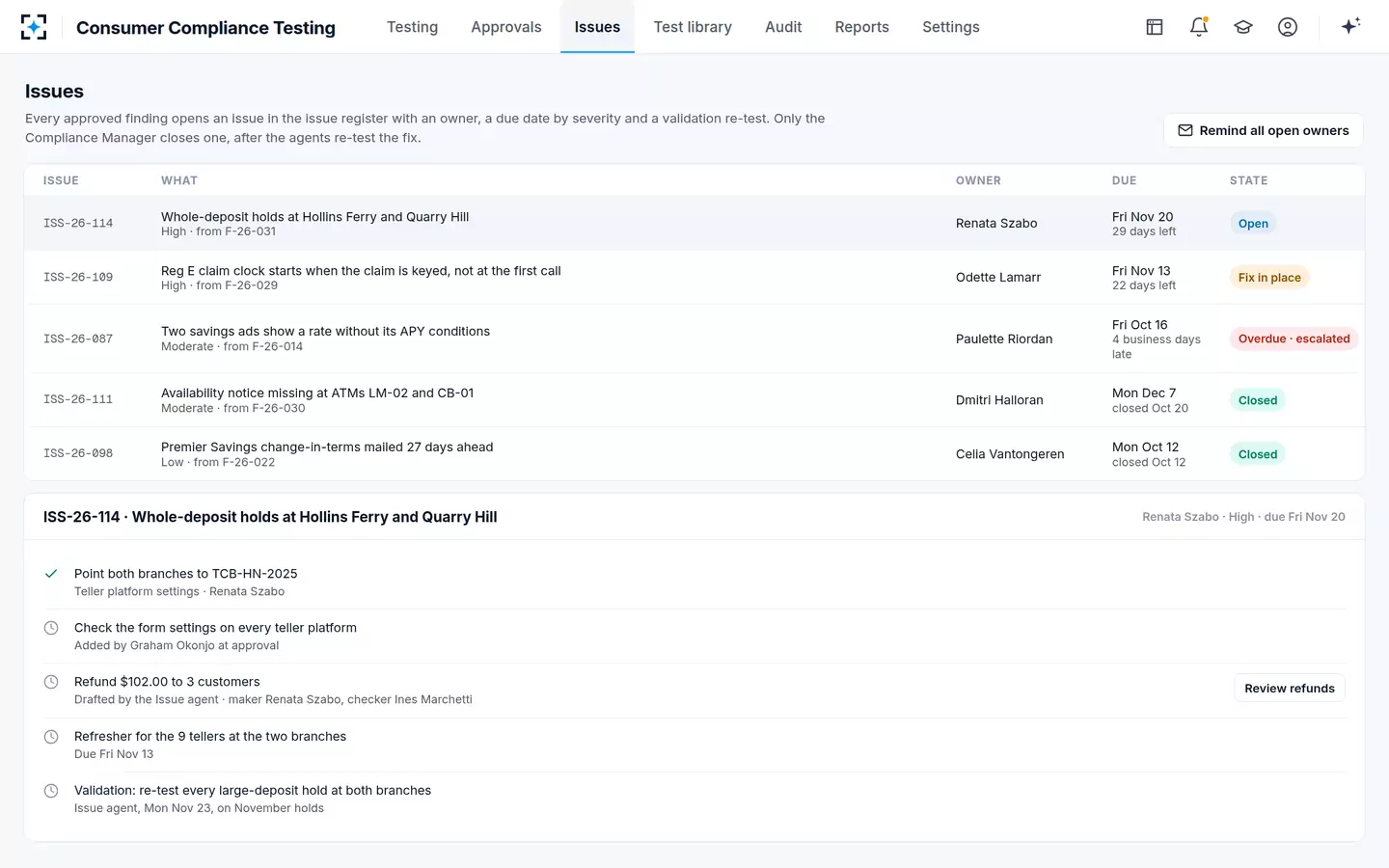 Consumer Compliance Testing — The issue register