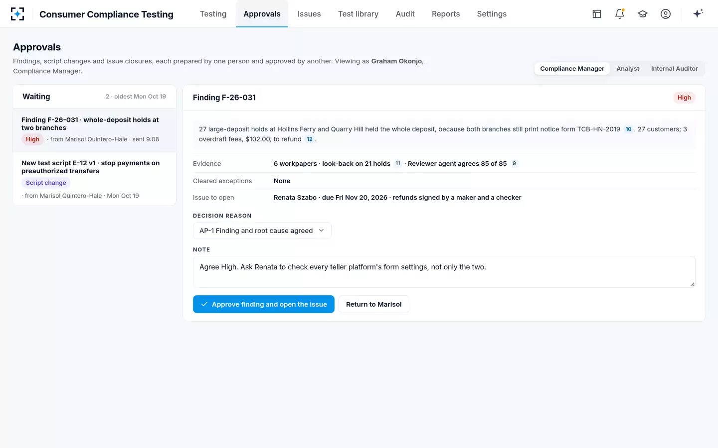 Consumer Compliance Testing — The manager approves