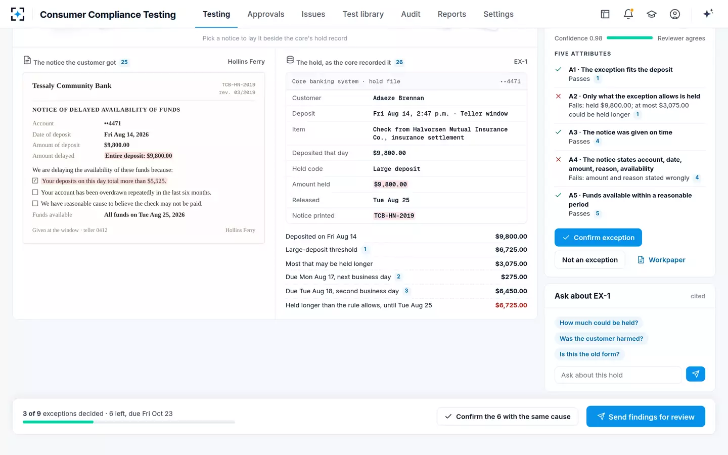 Consumer Compliance Testing — Notice beside hold record