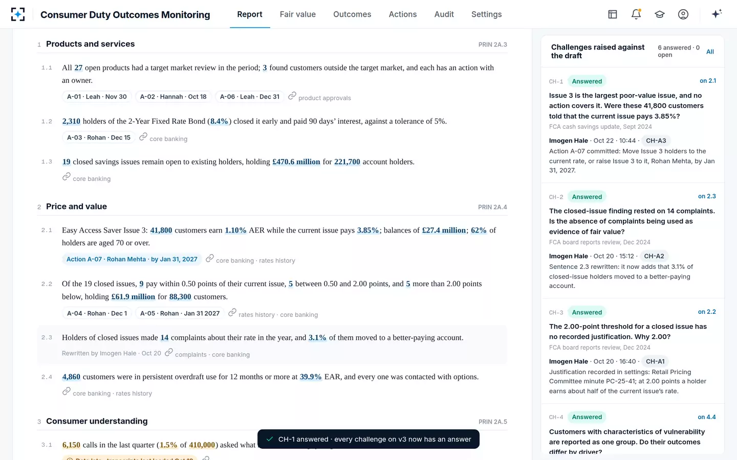Consumer Duty Outcomes Monitoring — The challenge answered with an owned, dated action