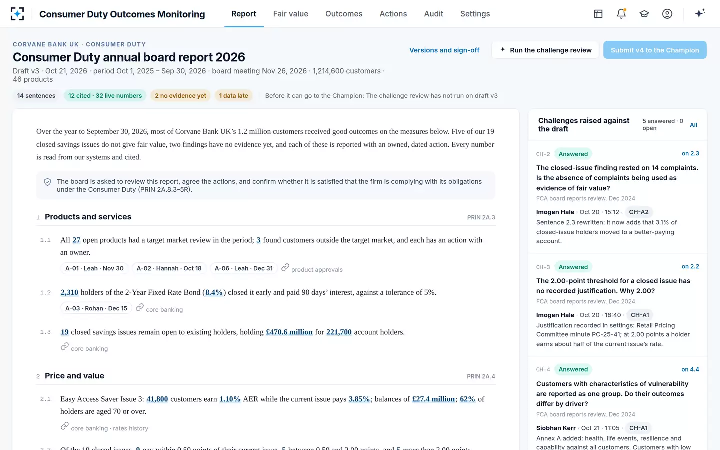 Consumer Duty Outcomes Monitoring — The Consumer Duty board report as the working screen