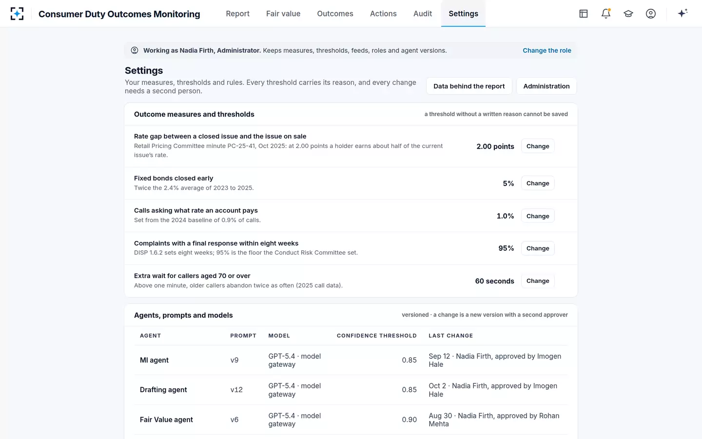 Consumer Duty Outcomes Monitoring — Thresholds with their reasons, and versioned agents