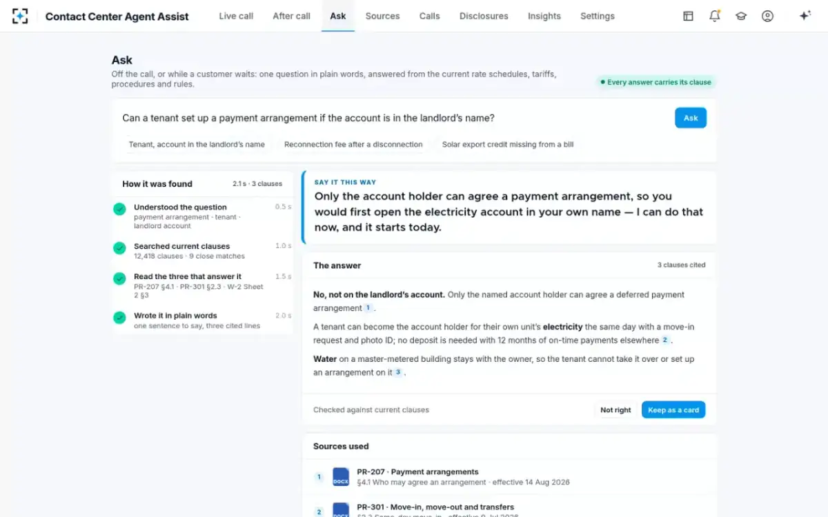Contact Center Agent Assist — Ask, off the call