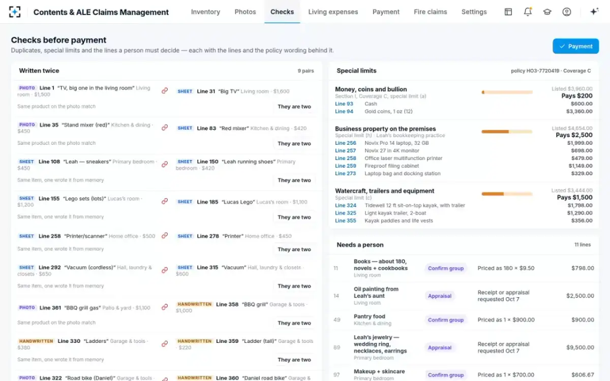 Contents & ALE Claims Management — Checks before payment