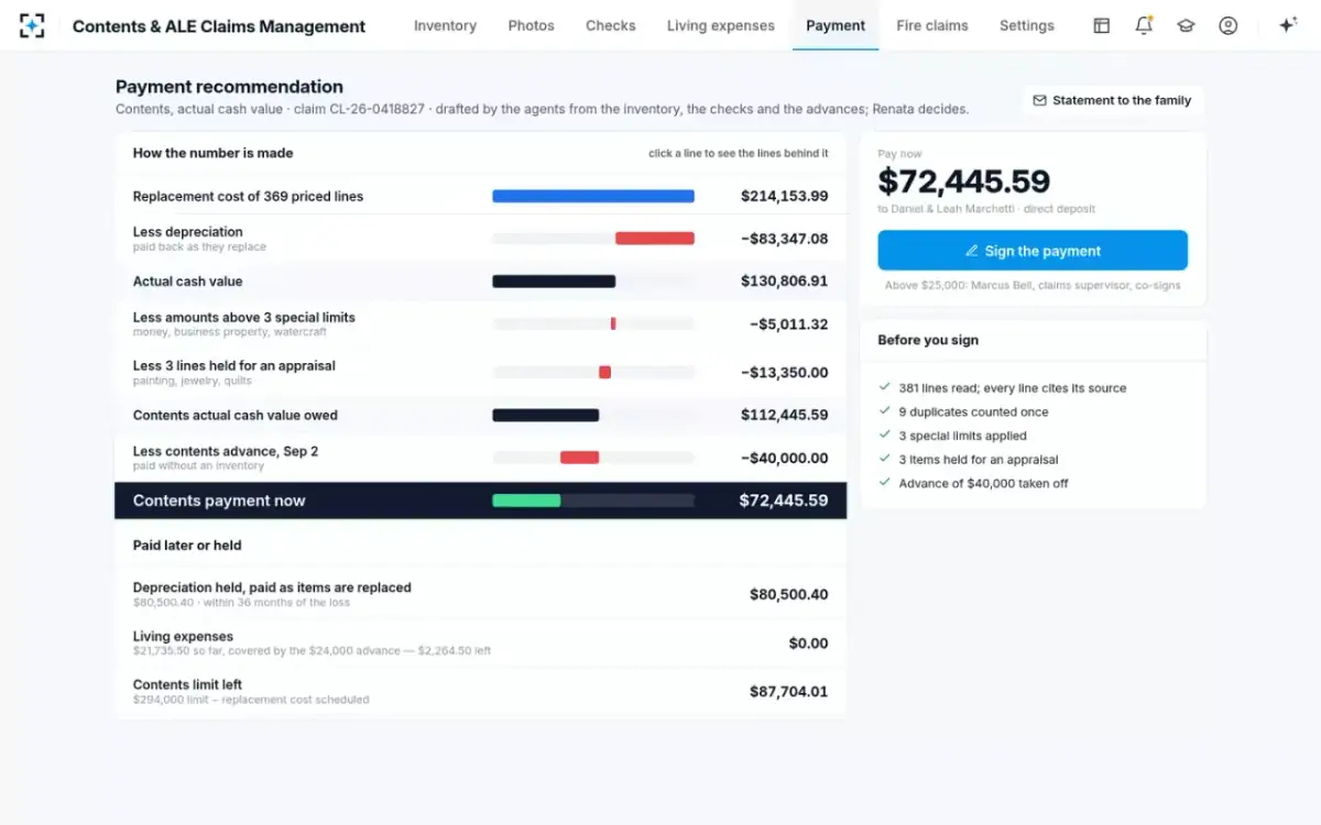 Contents & ALE Claims Management — Payment recommendation