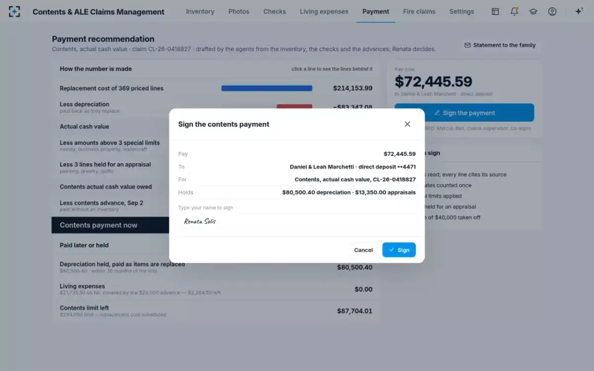 Contents & ALE Claims Management — Signing the payment