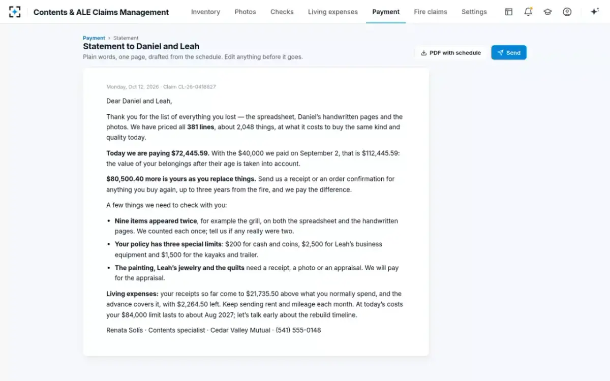Contents & ALE Claims Management — Statement to the family