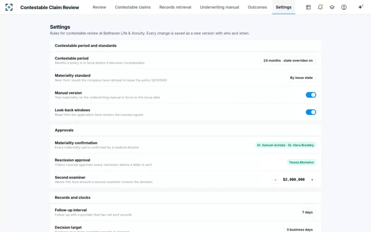 Contestable Claim Review — Settings