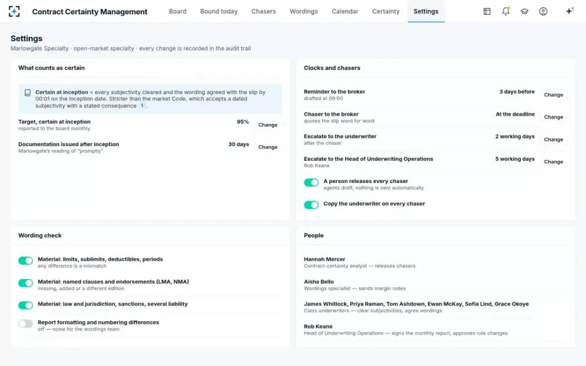 Contract Certainty Management — Settings