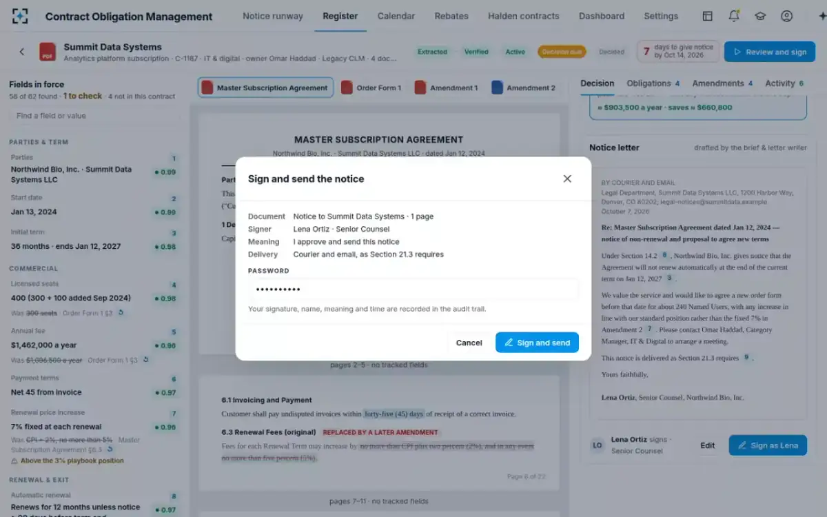 Contract Obligation Management — Sign and send