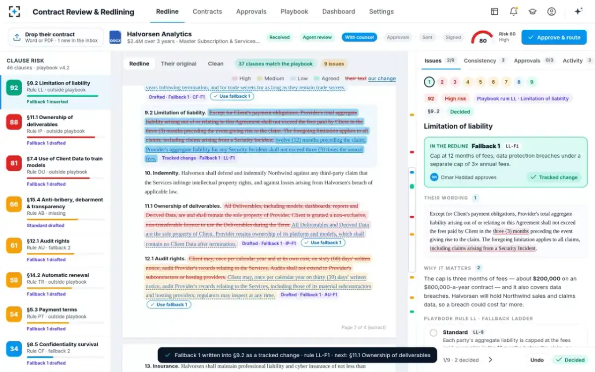 Contract Review & Redlining — One-click fallback