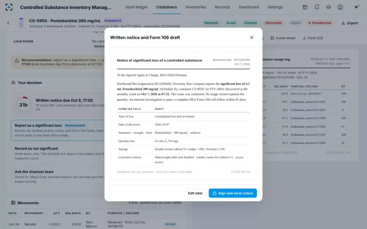 Controlled Substance Inventory Management — Written notice and Form 106